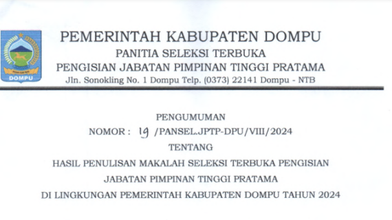 PENGUMUMAN HASIL PENULISAN MAKALAH SELEKSI TERBUKA PENGISIAN JPT PRATAMA