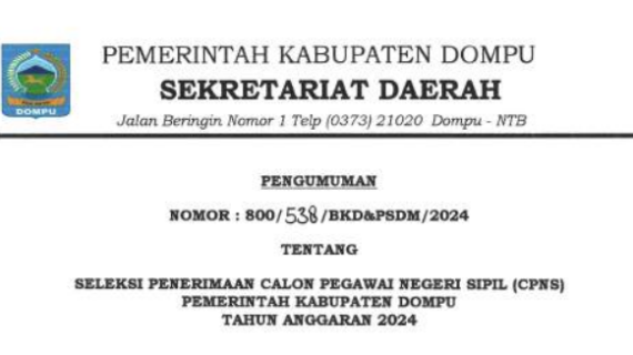 PENGUMUMAN PELAKSANAAN CPNS KABUPATEN DOMPU TAHUN 2024