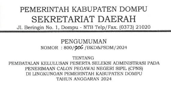 PENGUMUMAN PEMBATALAN KELULUSAN SELEKSI ADMINISTRASI CPNS KAB DOMPU TAHUN 2024