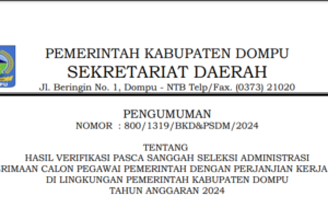 PENGUMUMAN SELEKSI ADMINISTRASI PASKA SANGGAH PPPK LINGKUP PEMERINTAH KABUPATEN DOMPU T.A 2024