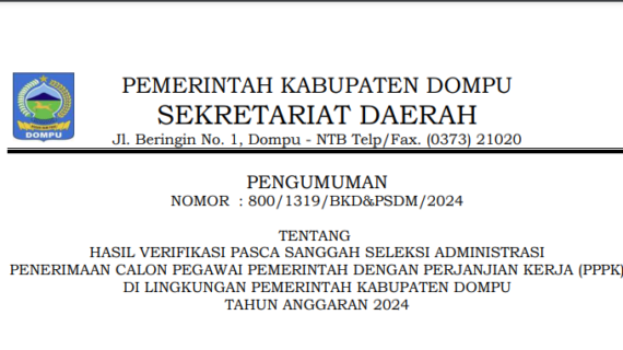 PENGUMUMAN SELEKSI ADMINISTRASI PASKA SANGGAH PPPK LINGKUP PEMERINTAH KABUPATEN DOMPU T.A 2024