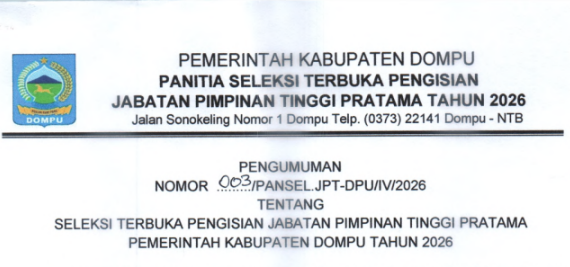PENGUMUMAN SELEKSI TERBUKA JPTP KABUPATEN DOMPU TAHUN 2026