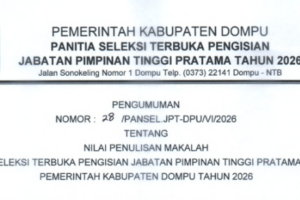 PENGUMUMAN HASIL NILAI PENULISAN MAKALAH JPT PRATAMA KABUPATEN DOMPU 2026