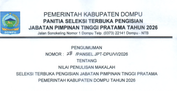 PENGUMUMAN HASIL NILAI PENULISAN MAKALAH JPT PRATAMA KABUPATEN DOMPU 2026