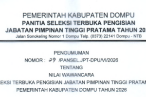 PENGUMUMAN HASIL NILAI WAWANCARA JPT PRATAMA KABUPATEN DOMPU 2026