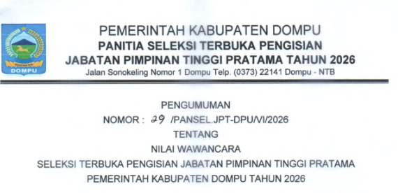 PENGUMUMAN HASIL NILAI WAWANCARA JPT PRATAMA KABUPATEN DOMPU 2026