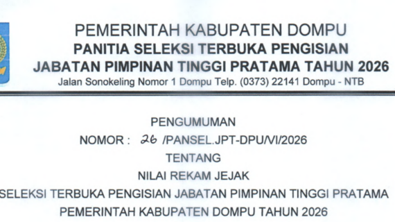 PENGUMUMAN HASIL NILAI REKAM JEJAK JPT PRATAMA KABUPATEN DOMPU 2026